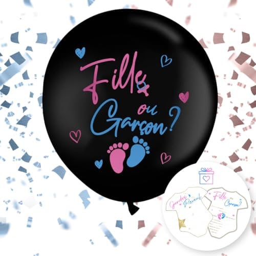 Ballon Gender Reveal auf Französisch – XXL 90 cm – Jungen oder Mädchen – Party der Ankündigung – Dekoration mit Konfetti zum Aufplatzen