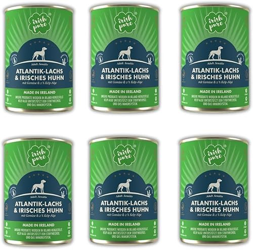 Irish Pure Premium Nassfutter für Hunde | 6X 390g | Atlantik-Lachs | Vitamine | Getreidefrei | Sensitiv | mit Superfood Kelp-Alge | Nassfutter für alle Rassen