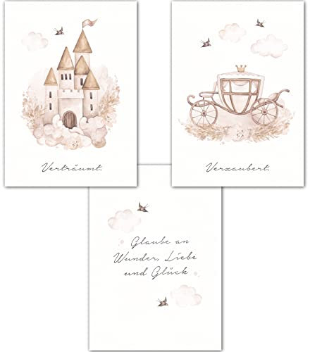 double critical Lemmami Papeterie 3er Set Boho Deko Wandbilder Kinderzimmer Babyzimmer Poster Bilder Mädchen Jungen (Märchen Schloß Kutsche Pinzessin)