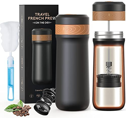 Sesama Classic Portable French Press Coffee & Tea Mug 12 oz with Carry Loop, Stainless Steel French Press Coffee Maker, BPA Free Great for Camping and Travel (MT0036-UK)