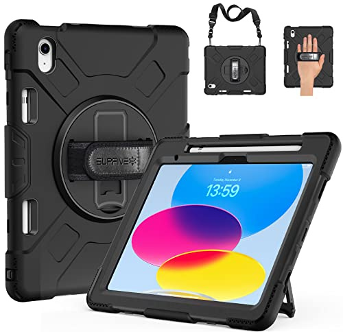 SUPFIVES Funda para iPad de 10ª generación 2022, Protector de Silicona Resistente de Grado Militar Mejorado para iPad de 10ª generación de 10.9 Pulgadas 2022, Soporte Giratorio + asa + Correa para el