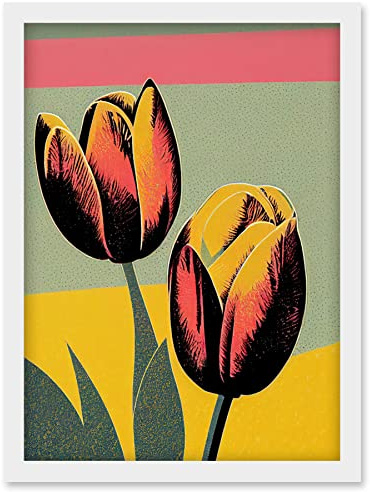 Wee Blue Coo Bright Modern Silkscreen Tulip Blooms Stencil Dusky Pink Sage Green Mustard Yellow Artwork Framed Wall Art Print A4