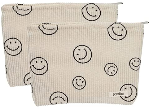 Kosmetiktasche mit Smiley-Gesicht, große Kapazität, Kord, Make-up-Tasche, Reise-Kulturbeutel, Zubehör-Organizer für Damen, 2 Stück, Beige, Kosmetiktasche mit Smiley-Gesicht, große Kapazität