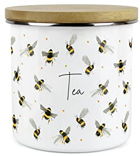 Purely Home Scattered Bees Tea Canister - White Metal Enamel Kitchen Food Storage Container