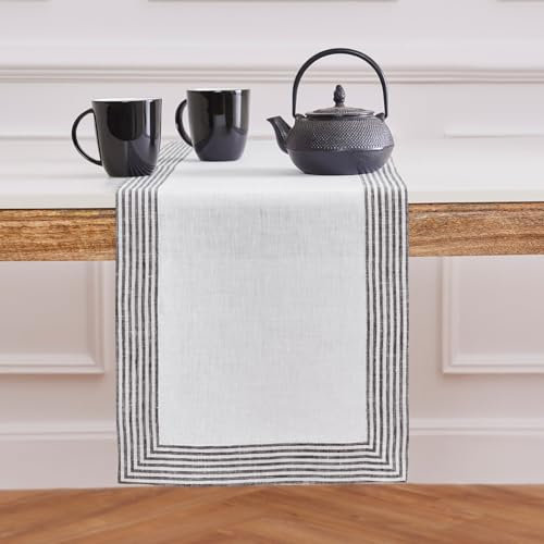 Solino Home Lucca Tischläufer aus 100 % reinem Leinen, 35,6 x 274,4 cm, Esstischläufer, Bauernhaus-Motiv, Schwarz