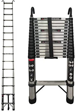 LMstarz 4.4M Telescopic Ladder with Hooks 14.5FT Multi-Purpose Stainless Steel Telescoping Extendable Portable Sturdy Loft EN131 Standard for Draw Wall Replace Bulb Clean Window Repair Roof Silver