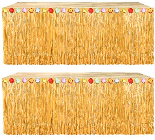 Eowppue Faldas de mesa hawaianas Luau Lote de 2 faldas de mesa hawaianas naturales 2,7 x 75,1 cm para decoraciones de fiestas hawaianas tropicales, amarillo paja