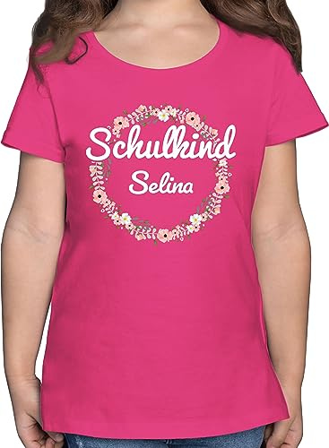 T-Shirt Mädchen - Einschulung - Schulkind Blumenkranz mit Name - 128 (7/8 Jahre) - Fuchsia - schuleingangs Tshirt personalisiertes Schulanfang Shirt einschulungstshirts schulanfänger Shirts