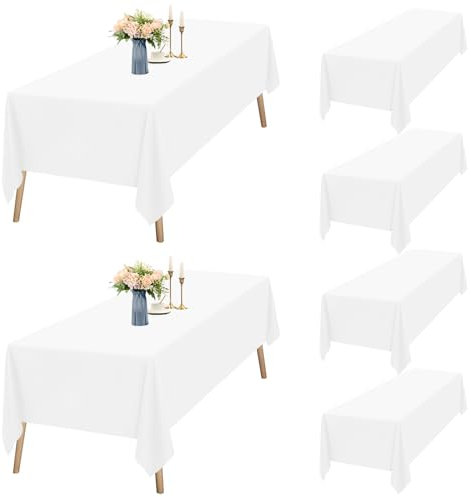 6er-Set Weiße Tischdecken Rechteck 153 x 320 cm, wasserdichte Polyester Weiße Tischdecken für 8ft Tabelle, Waschbar Rechteck Große Tischdecke für Party Hochzeit Buffet Camping Restaurant(60x126in)