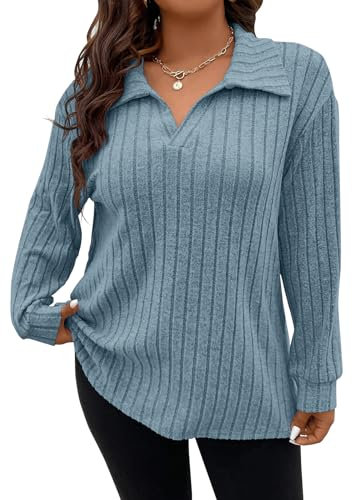 Gemulate Plus Size Casual t-Shirt Long Sleeve Ladies Christmas Lightweight Striped Oversized Autumn Clothes Sweater Tshirts and Sweatshirts Blue 4XL