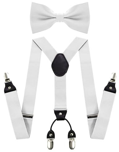 JEMYGINS Herren Hosenträger mit Vier Clips und Elastischem Rückenband inklusive Fliege Set,Weiß