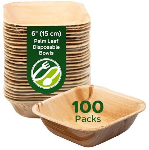 ECO Leaf Disposable Palm Leaf Bowls | Square Compostable Dinner Bowls | Eco-Friendly, Biodegradable Heavy-Duty Bowl for Wedding, Party and Picnic | Microwave & Oven Safe (100, Large 6(15cm))