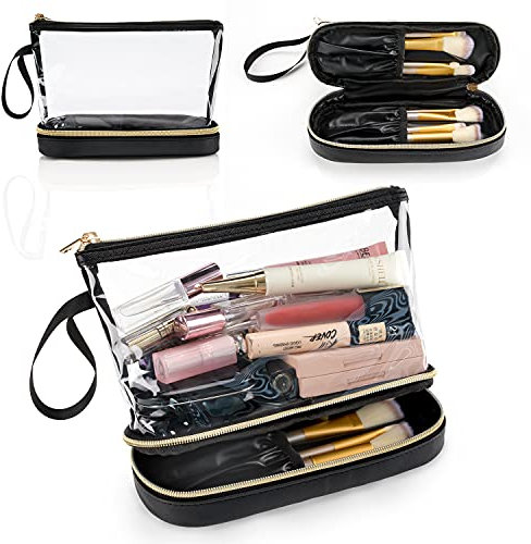 Clear Makeup Bag Small Travel Makeup Bag with Brushes Organiser Compartments, TSA Approved Toiletry Bag for Travel Size Toiletries, Holiday Essentials Women, Black