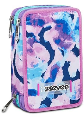 Seven Federmäppchen, Mäppchen, Mehrfarbig, Federtasche für Schreibwaren, Etui komplett mit Bleistiften, Filzstiften, Schulmaterial, mit 3 Fächern, Mädchen, Schule - Grundschule, XXL violett lila