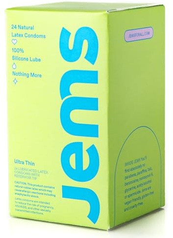 Jems Ultra Thin Vegan Condoms | Natural Latex with Silicone Lube | 24 Pack