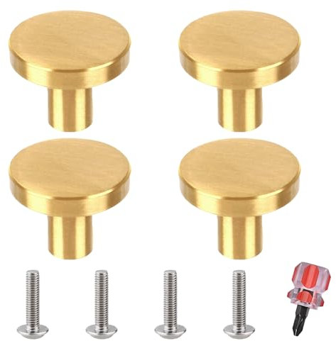 luckaide Schrankknöpfe Gold, 4 Stück Matt Möbelknöpfe Gold, Türknauf Gold, Möbelknopf Gold Edelstahl für Küchenschränke Runde Türgriffe Schubladengriffe für Schrank, Kleiderschrank(30MM)