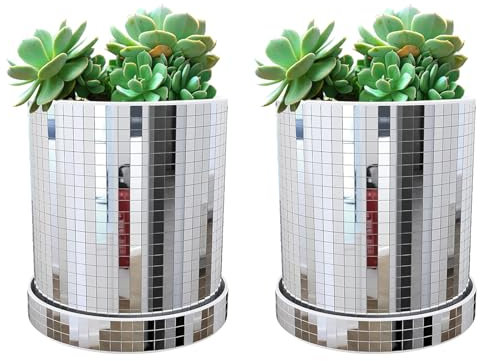Xafrstyu 2 Set of Disco Ball Planter Pot, With Drainage Hole Glass, Mirror Shining Square Shape Plant Pot, Stylish And Practical, Durable And Stylish Disco Ball Planter Pot