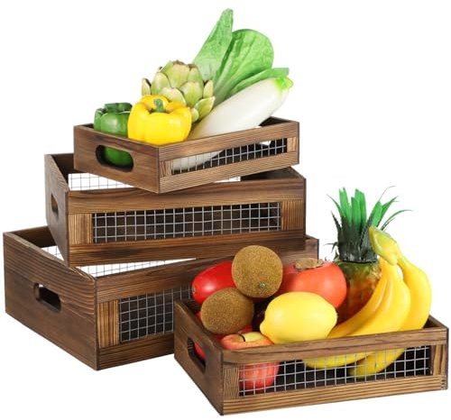 4 Stück Holzkörbe, rustikale Aufbewahrungsboxen, Holzdrahtbehälter mit Griffen, Mehrzweck-Aufbewahrungsboxen Küchenorganizer für Obst, Gemüse, Küche, Speisekammer
