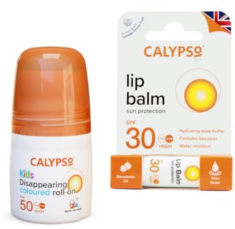 Calypso Sun Protection Twin Pack for Adults & Kids: SPF 50 Roll On Sunscreen & SPF 30 Lip Balm - Travel-Friendly Suncare Essentials