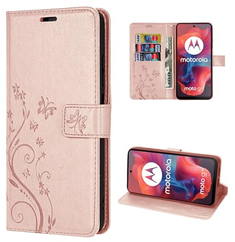 betterfon Hülle Kompatibel mit Motorola Moto G04 | Premium PU Leder Handyhülle Wallet Case für Moto G04 | Schutzhülle Blumen Klapphülle Handyhülle | Rosegold