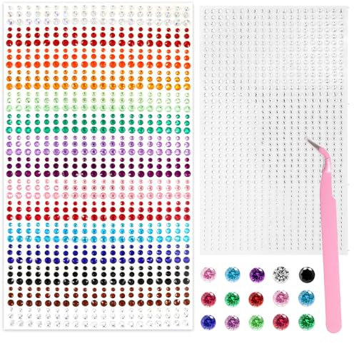 Scettar 1800 Pcs Self-Adhesive Face Rhinestones, 3/4/5mm Crystal Rhinestone Stickers Colorful Face Gemstones Transparent Face Stickers with Tweezers for Face DIY Craft