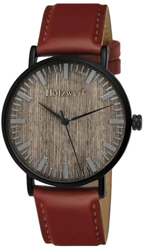 Holzwerk Germany Handgefertigte Flache Designer Unisex Herren Uhr Damen Öko Natur Holz Armband Analog Klassisch Quarz Holzuhr Braun Schwarz Leder-Armband (Braun )