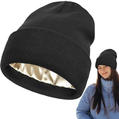 Satinfodrad vintermössa hattar, satinfodrad mössa vintermössor, stickad klockhatt med sidenfoder, silkesfodrad slouchy mössa, stretchig stickad manschett hatt med silkeslent foder, unisex solid skalle