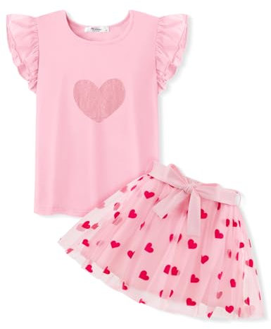 Arshiner Vestito da Bambina Estivo Rosa Maniche Balze T-Shirt con Gonna in Tulle Set di Abbigliamento Bambini Festivo Vestito alla Moda Vestito da Festa di Compleanno con Cintura 5-6 Anni