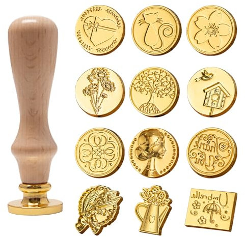 Rebanky 12 Stück Siegelwachs Stempel Siegelstempel Set Wachssiegel Stempel Blume Wachssiegel Stempelset mit 1 Holzgriff Siegelstempel Blume des Lebens Wachsstempel Köpfe für Kartenherstellung