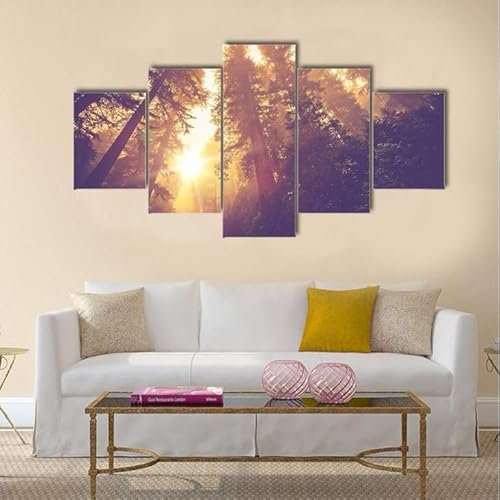 FatAco 5 Paneele Leinwand mit Rahmen Redwood Wald In Warm Vintage Bild Kunstdruck Leinwand Gemälde Wandmalerei Home Office Wohnzimmer Schlafzimmer Dekoration Ready to Hang