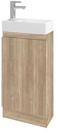 BELOFAY Vanity Unit With Basin | 400mm Bathroom Vanity Units With Basin | Floor Standing Slim Design | Waterproof | 1 Tap Hole Ceramic Bathroom Sink | Including Waste (Denvor Wood Grains)