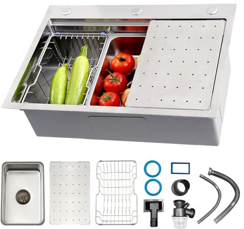 Fregadero Cocina Grande Acero Inoxidable 304, Fregadero 1 Seno Plateado, Fregaderos Un Seno Con Canasta De Drenaje, Para Instalación Bajo Encimera, Sobre Encimera(B,70x50x22cm)