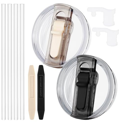 Dsnirasy 2 Pcs Spill Proof Tumbler Flip Straw Lid for Stanley Cup, 30 oz Leak Proof Lid for Stanley H2.0 Quencher ProTour, Stanley Lid Replacement 30 oz, with Removable Nozzle (Cream+Black)