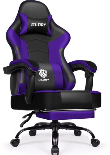 minnouat Gaming Stuhl, Bürostuhl Ergonomisch mit Teleskopische Fußstütze, Gaming Chair mit Kopfstütze und Lendenwirbelstütze,Gaming Sessel gepolstert 150 kg, höhenverstellbarer Gamer Stuhl,Lila
