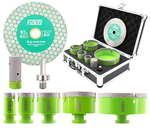 FACHLICH Tile Hole Cutter Set-(25/35/50/68/100mm+25mm Finger Bit+HEX Adapter+125mm Saw Blade) Diamond Hole Saw Kit for Porcelain Tile Ceramic Marble Brick Granite M14 Thread