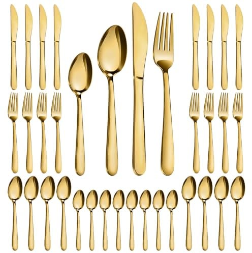 Pleafind Cutlery Set - 32 Piece Gold Cutlery Set for 8 People, Stainless Steel Tableware Silverware Set with Spoon Knife and Fork Sets, Mirror-Polished, Dishwasher Safe