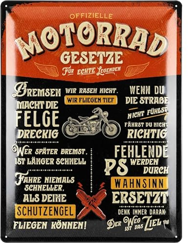 LANOLU XXL Retro Blechschild Motorrad Gesetze, Biker-Regeln- Geschenkidee für Männer und Biker - lustige Blechschilder Sprüche, Schild für Werkstatt und Garage als vintage Deko 30x40cm