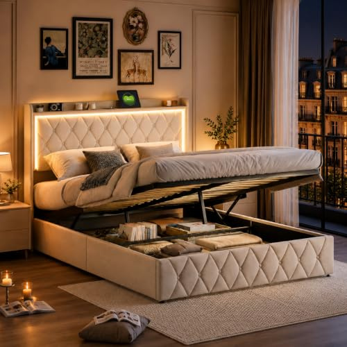 LIVLUX Lit Coffre 140 x 190 cm avec LED et Prise USB, Lit Double rembourré avec Rangement hydraulique et sommier à Lattes, lit 2 Personnes pour Adultes et Adolescents,Velours (Beige, 140 x 190 cm)