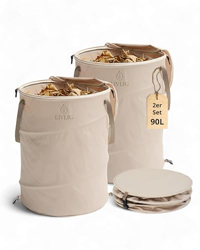 LIVLIG Gartensack Pop Up 90L Beige - 2er Set, Gartenabfallsack mit Deckel | Schöner faltbarer Laubsack mit doppeltem Boden im Set, Stabiler Gartenabfallsack für saubere und einfache Gartenarbeit