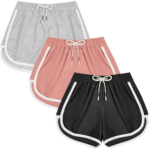 DiULi Short de Sport Fille, Short Gym Respirant en Coton Élastique pour Course à Pied, Vélo, École, Taille Haute avec Cordons, 3PCS-150CM-Noir + Rose + Gris