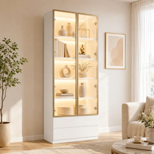 Glasvitrine 200cm mit 3-farbiger LED-Beleuchtung 2 Türen 2 Schubladen Weiß | Bücherregal mit 6 Einlegeböden Glasschrank Pop-up-Design für Wohnzimmer Esszimmer Büro Wohnzimmer Schlafzimmer 80×36×200 cm