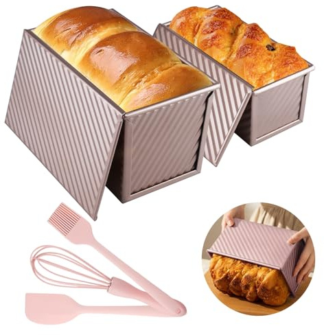 inodiref 2 Pieces Loaf Tin with Lid,Non Stick Rose Gold,Corrugated Loaf Pan | Bread Loaf Tins For Baking, Carbon Steel, Bread Baking Tin with Accessories, Bread Tins For Baking Cakes Sandwiches Toast