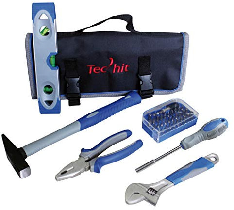 TEC HIT 500036 Werkzeugtasche mit 36 Teilen, Wasserwaage, Hammer Rivoir Adapter, Schraubenschlüssel, Zange, 30 Schrauben-Bits