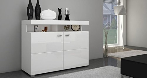 Furniture24 Kommode Paris Sideboard Highboard Weiß Hochglanz 2 Türen (ohne Beleuchtung)