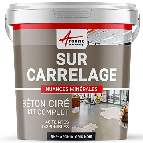 Béton ciré sur carrelage, cuisine, salle de bain, mural, sol, plan de travail, revêtement décoratif douche en kit - 5 m² (en 2 couches) Aronia Gris Noir - ARCANE INDUSTRIES