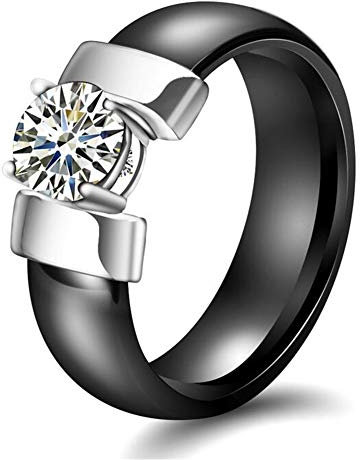 PAURO Damen Schmuck Hoch Poliert Mit Zirkon Engagement Hochzeit Band Ringe Keramik Schwarz Silber Größe 57 (18.1)