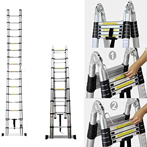 5 m Deckenhöhe, Teleskopleiter für Dachboden oder Dachboden, Aluminium-Telexkopierleiter mit A-Rahmen, 5 m kompakte Leiter, Klappleiter, 150 kg Kapazität