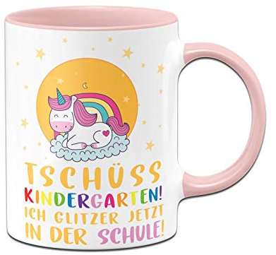 Tassenbrennerei Schulkind Einhorn Tasse Tschüss Kindergarten! Ich Glitzer jetzt in der Schule! Geschenk zur Einschulung Mädchen (Rosa)