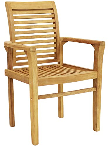 Sunnydaze Solid Teak Outdoor Slatted Armchair - Light Brown Wood Stain Finish