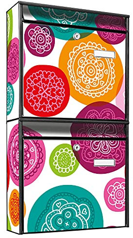 banjado Briefkastenanlage 2 Fach - 2 Briefkästen 36x64x10cm groß - Doppelbriefkasten Set - Namensschild, 2 Schlüssel, Montagematerial - Stahl verzinkt schwarz - Motiv Naive Blüten